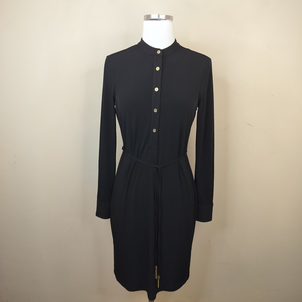 Calvin Klein Jersey Knit Shirt Dress 2 Gold Button Belted Black